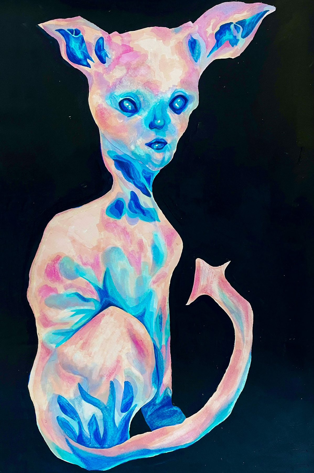 naked cat in white, pale pink/blue